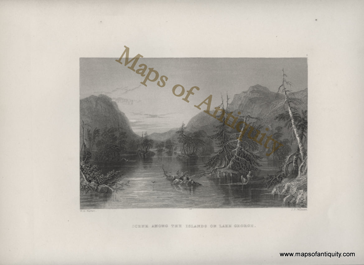 Antique-Black-and-White-Engraved-Illustration-Scene-Among-the-Islands-on-Lake-George.-New-York-Historical-Prints-1884-Bartlett-Maps-Of-Antiquity