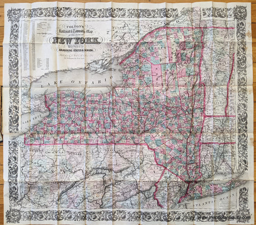 Genuine-Antique-Hand-Colored-Map-Colton's-Railroad-and-Township-Map-of-the-State-of-New-York-with-Parts-of-the-Adjoining-States-and-Canada.--United-States-Northeast-1872-Colton-Maps-Of-Antiquity-1800s-19th-century