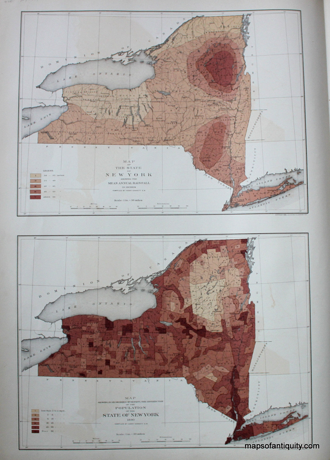 Antique-Map-Printed-Color-Map-of-the-State-of-New-York-Mean-Annual-Rainfall-and-Population-1890-United-States-Northeast-1895-Bien-Maps-Of-Antiquity