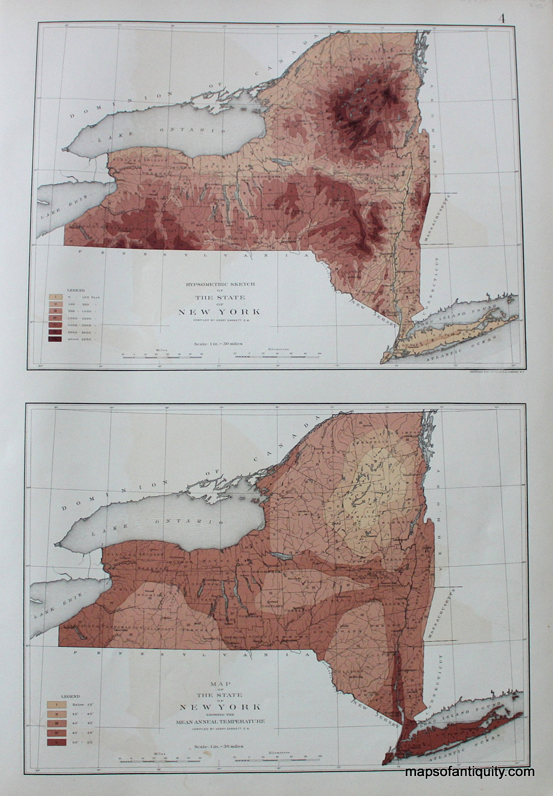 Antique-Map-Printed-Color-Map-of-the-State-of-New-York-Hypsometric-Sketch-and-Mean-Annual-Temperature-United-States-Northeast-1895-Bien-Maps-Of-Antiquity