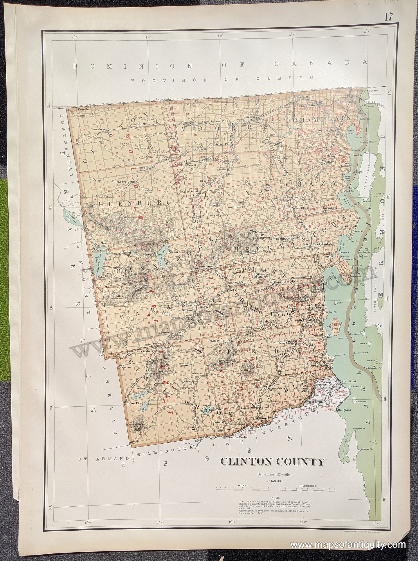 Antique-Map-Printed-Color-Clinton-County--United-States-New-York-State-1895-Bien-Maps-Of-Antiquity