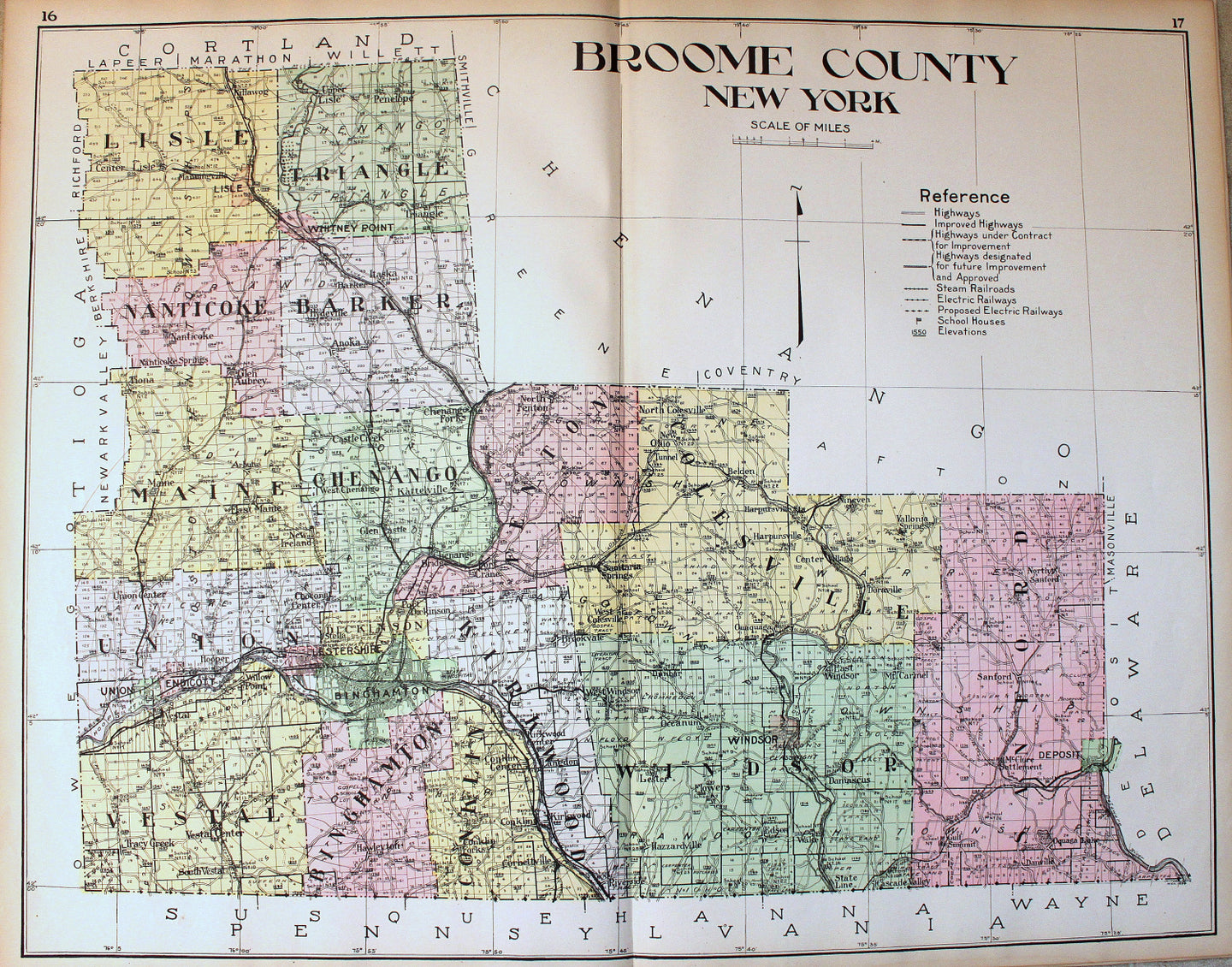 Antique-Hand-Colored-Map-Broome-County-New-York-United-States-New-York-1911-Everts-Maps-Of-Antiquity