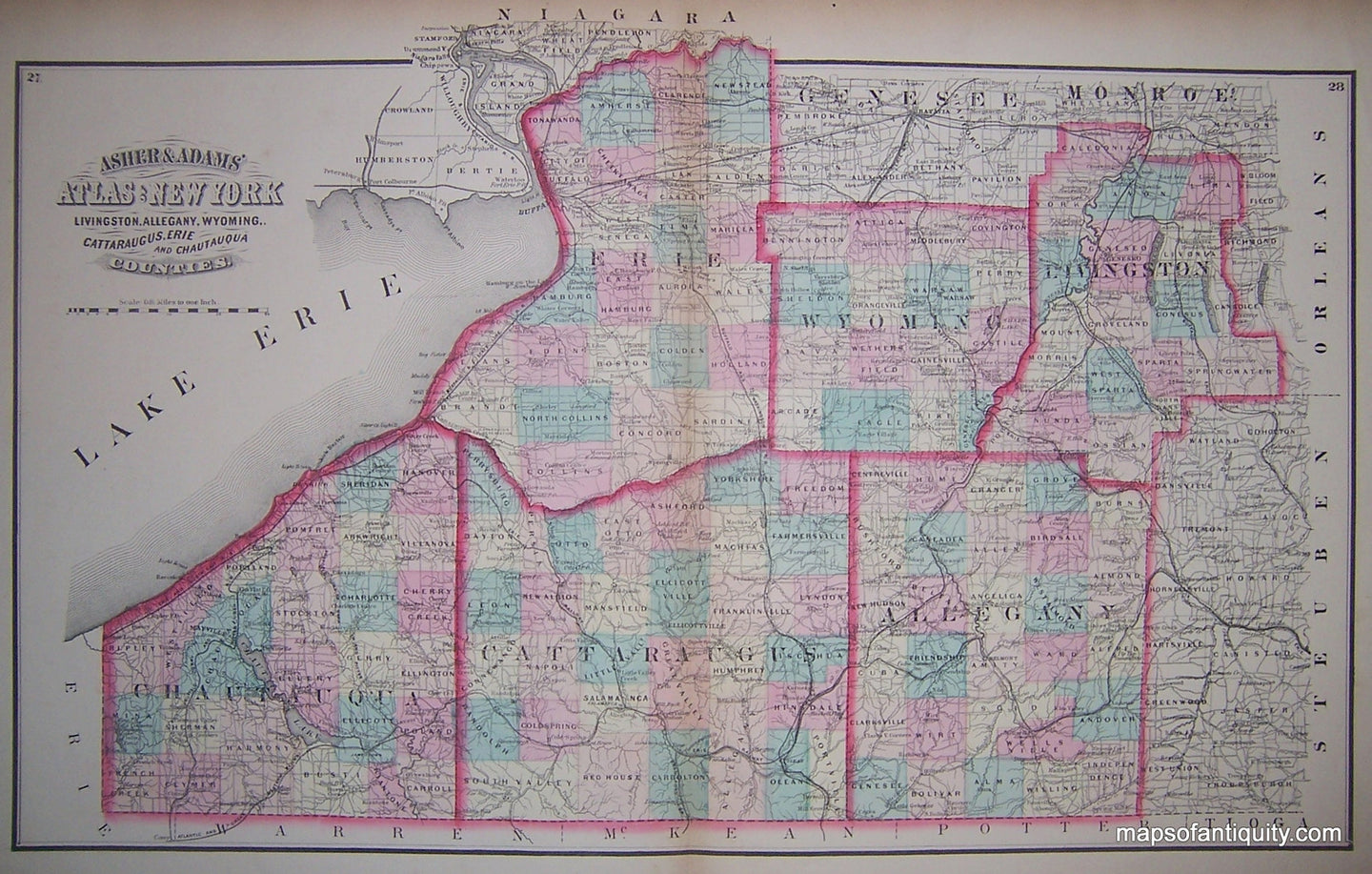 Hand-colored-Antique-Map-Livingston-Allegany-Wyoming-Cattaraugus-Erie-and-Chautauqua-Counties-(NY)-United-States-New-York-1871-Asher-and-Adams-Maps-Of-Antiquity