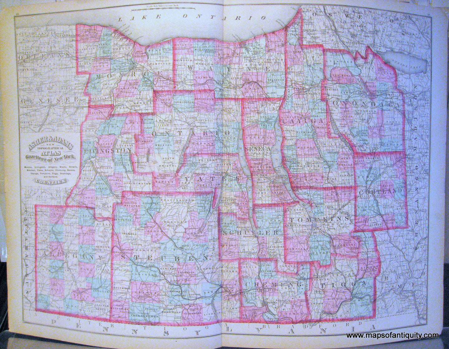 Hand-colored-Antique-Map-Monroe-Livingston-Allegany-Wayne-Ontario-Steuben-Yates-Schuyler-Chemung-Seneca-Cayuga-Tompkins-Tioga-Onondaga-and-Cortland-Counties.-(NY)-United-States-New-York-1871-Asher-and-Adams-Maps-Of-Antiquity
