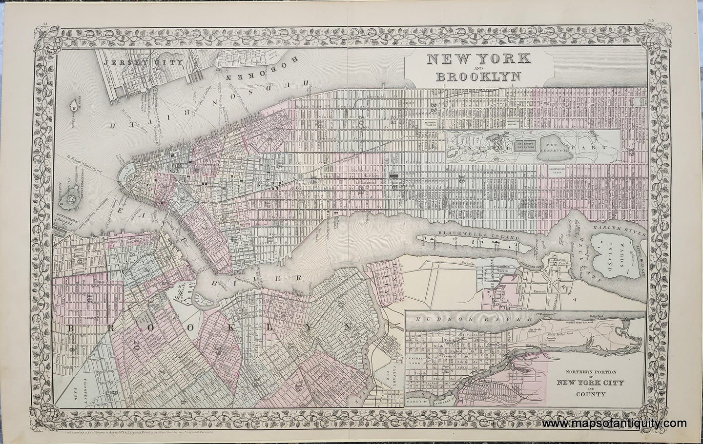 Antique-Hand-Colored-Map-New-York-and-Brooklyn--United-States-New-York--NY-NYC-NYNY-Manhattan-1879-Mitchell-Maps-Of-Antiquity
