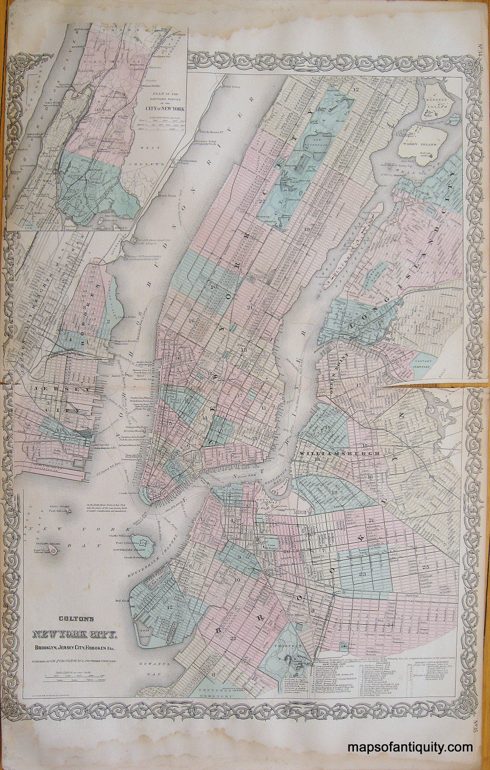 Antique-Hand-Colored-Map-Colton's-New-York-City-**********-United-States-New-York-1887-Colton-Maps-Of-Antiquity