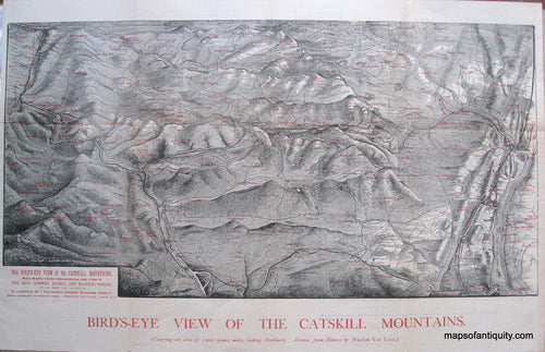 Black-and-White-Antique-Map-Bird's-Eye-View-of-the-Catskill-Mountains-**********-New-York---1882-Van-Loan-Maps-Of-Antiquity