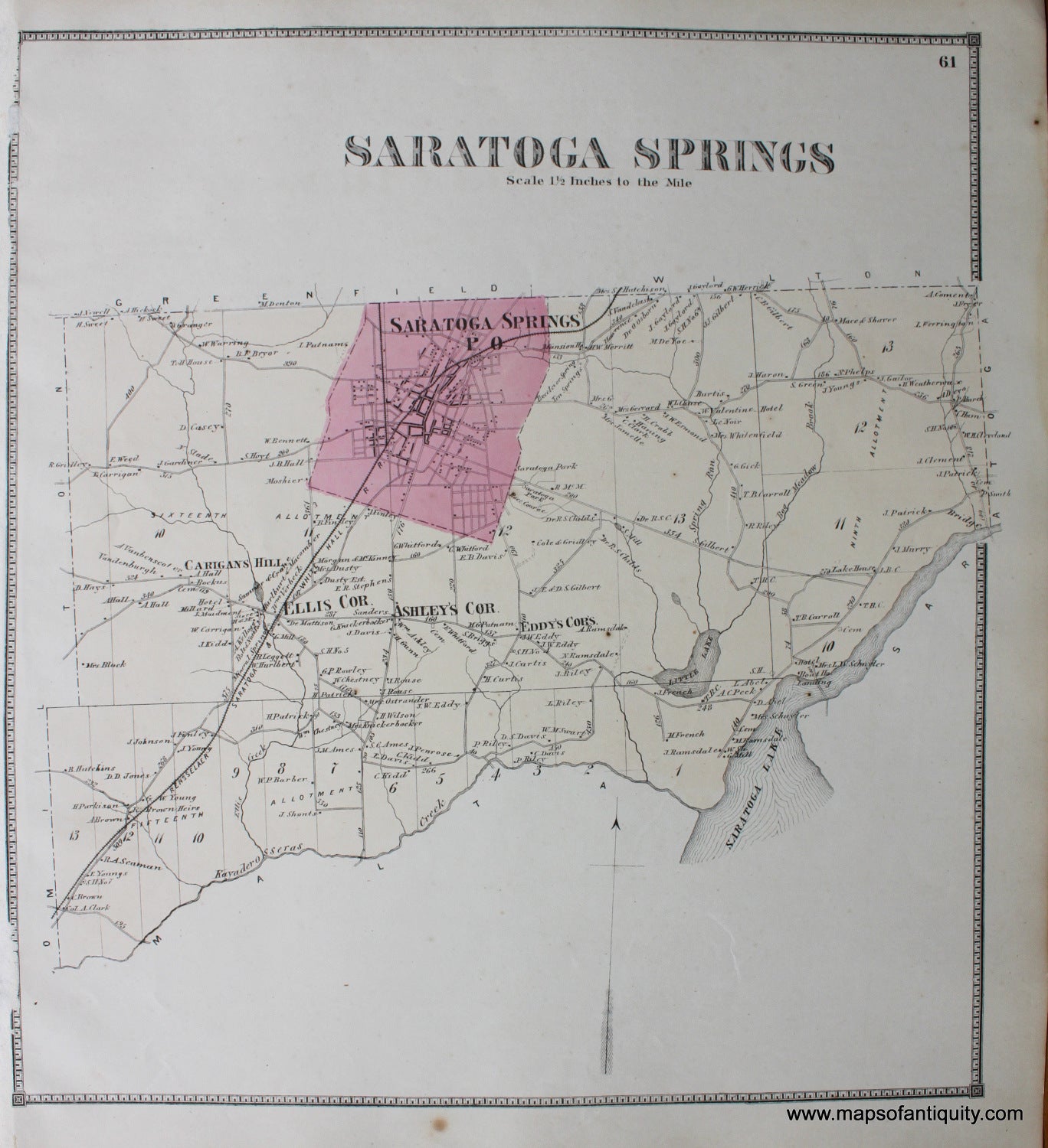 Hand-Colored-Engraved-Antique-Map-Saratoga-Springs-(NY)-United-States-Northeast-1866-Stone-and-Stewart-Maps-Of-Antiquity