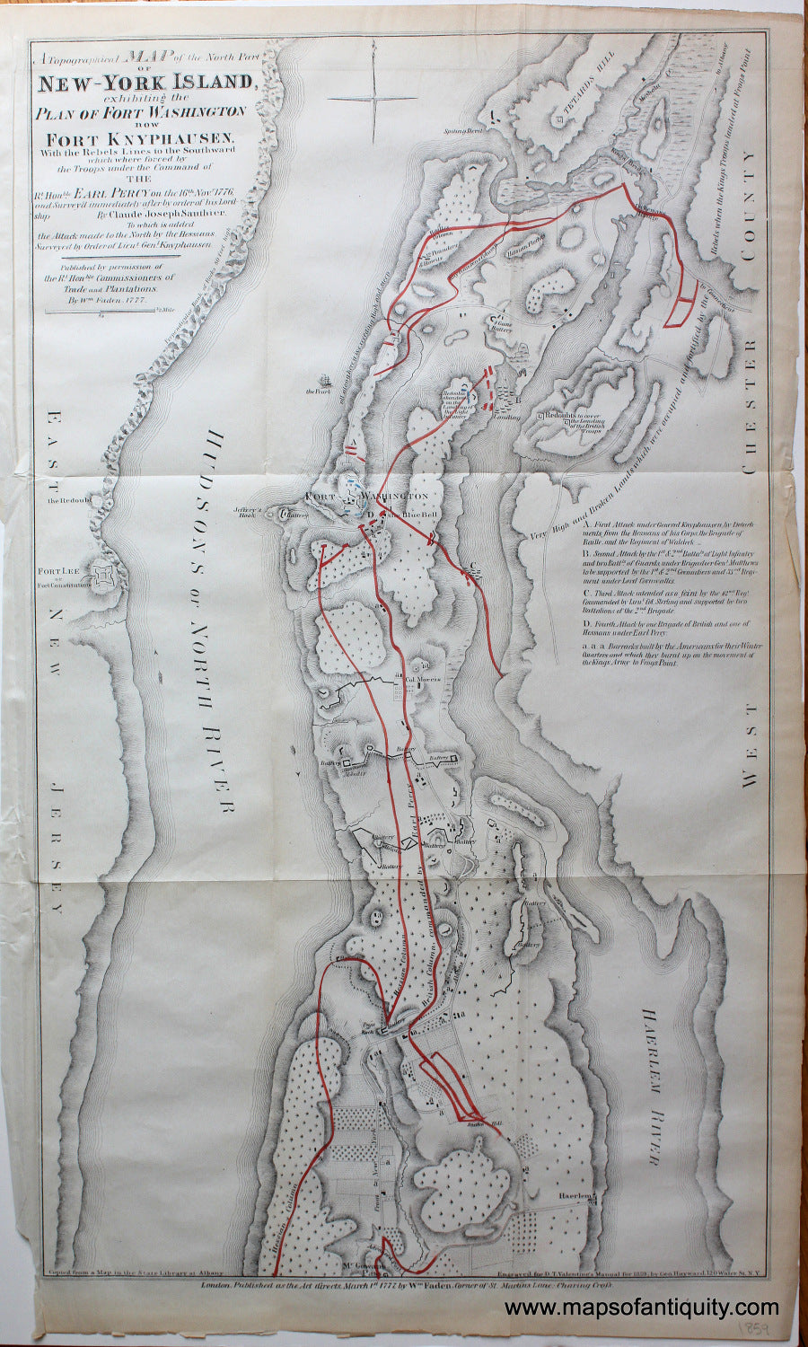 Antique-Black-and-White-Map-with-Hand-Colored-Accents-A-Topographical-Map-of-the-North-Part-of-New-York-Island-exhibiting-the-Plan-of-Fort-WashingtonÃ¢â‚¬Â¦-**********-United-States-New-York-1859-copy-of-a-1777-map-Engraved-by-George-Hayward-for-D.T.-Valentine's-Manual-Maps-Of-Antiquity