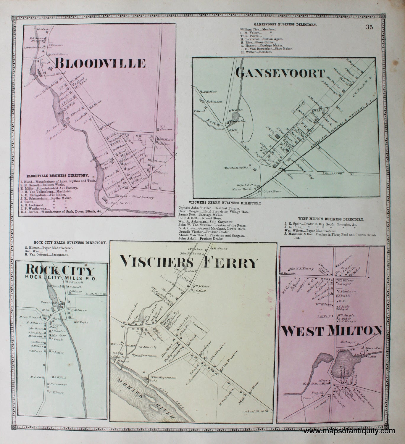 Hand-Colored-Engraved-Antique-Map-Bloodville-Gansevoort-Rock-City-Vischers-Ferry-West-Milton-New-York-United-States-Northeast-1866-Stone-and-Stewart-Maps-Of-Antiquity