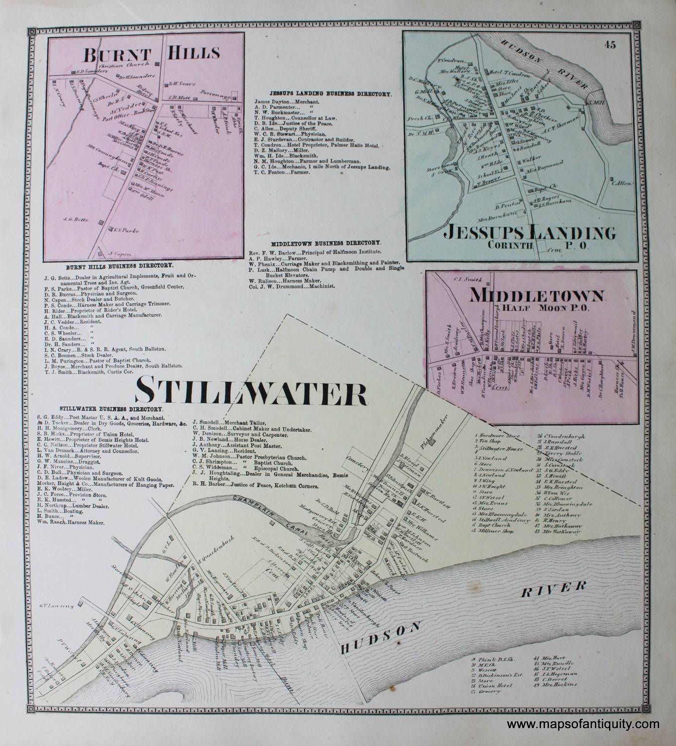 Hand-Colored-Engraved-Antique-Map-Stillwater-Burnt-Hills-Jessups-Landing-Corinth-PO-Middletown-Half-Moon-PO-New-York-United-States-Northeast-1866-Stone-and-Stewart-Maps-Of-Antiquity