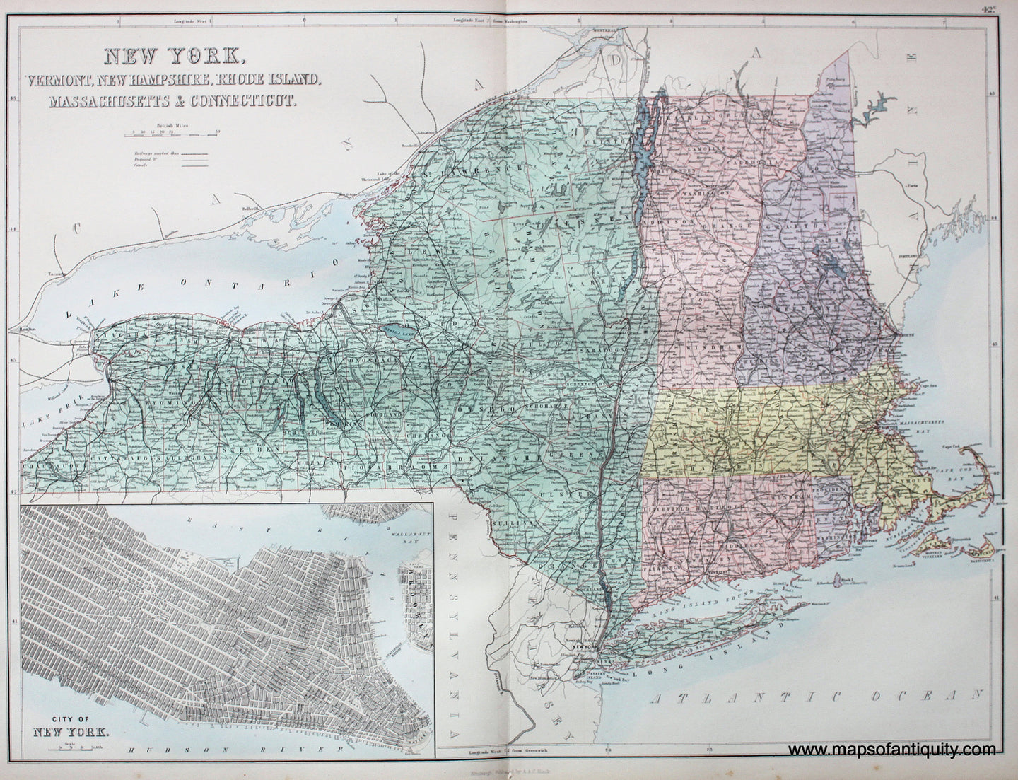 Antique-printed-color-Map-New-York-Vermont-New-Hampshire-Rhode-Island-Massachusetts-&-Connecticut-**********-United-States-New-York-1879-Black-Maps-Of-Antiquity