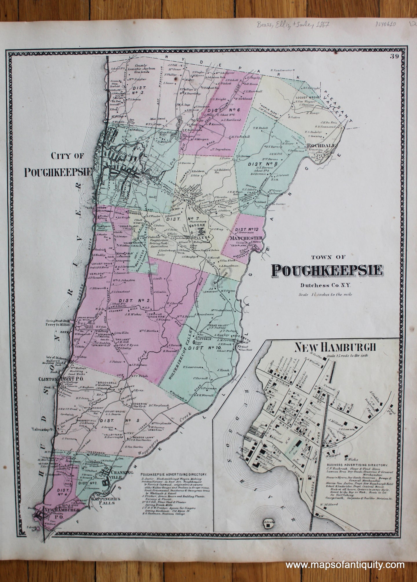 Antique-Hand-Colored-Map-Town-of-Poughkeepsie-(NY)-United-States-New-York-1867-Beers-Ellis-and-Soule-Maps-Of-Antiquity
