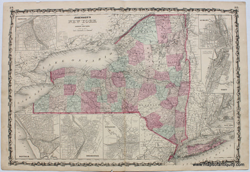 Antique-Hand-Colored-Map-Johnson's-New-York-United-States-Northeast-1864-Johnson-and-Ward-Maps-Of-Antiquity