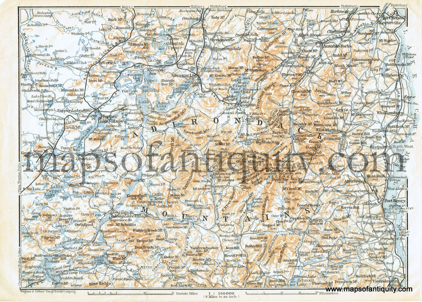 Antique-Printed-Color-Map-Adirondack-Mountains-******-United-States-Northeast-1909-Baedeker-Maps-Of-Antiquity