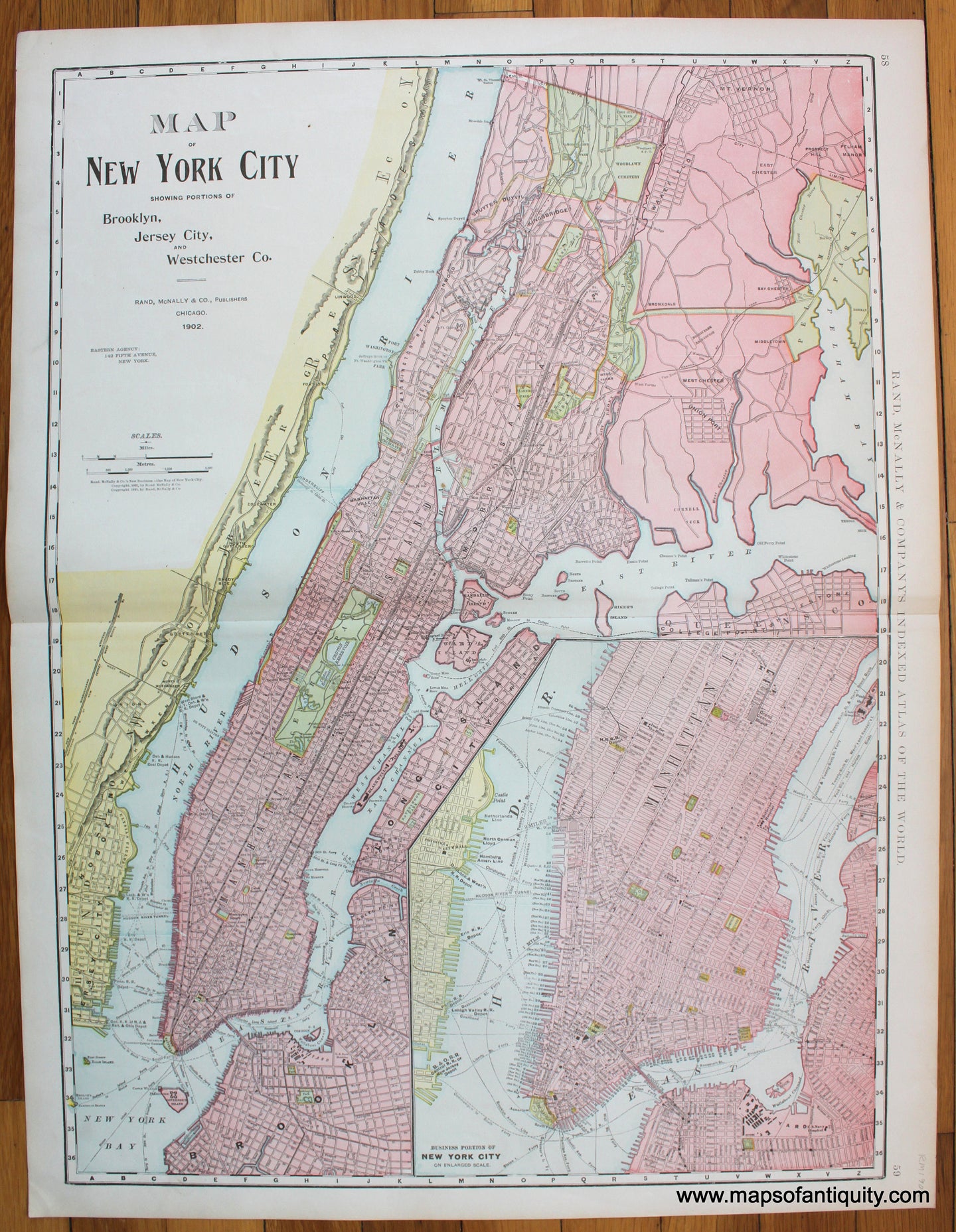 Maps-Antiquity-Antique-Map-NYC-New-York-City-Brooklyn-Jersey-City-Westchester-Co-County-Business-Portion-On-Enlarged-Scale-Rand-McNally-1901-1900s-Early-20th-Century