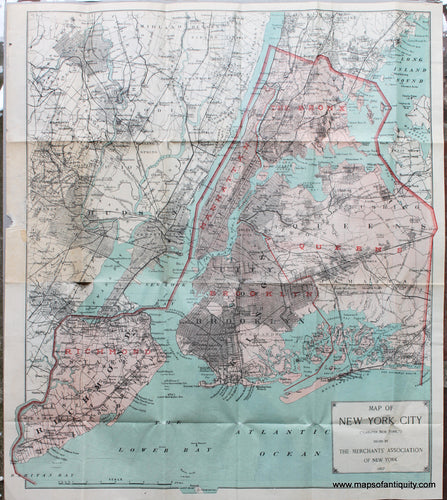 Antique-Printed-Color-Folding-Map-Map-of-New-York-City-()-******-United-States-Northeast-1897-Colton-for-the-Merchants'-Association-Maps-Of-Antiquity