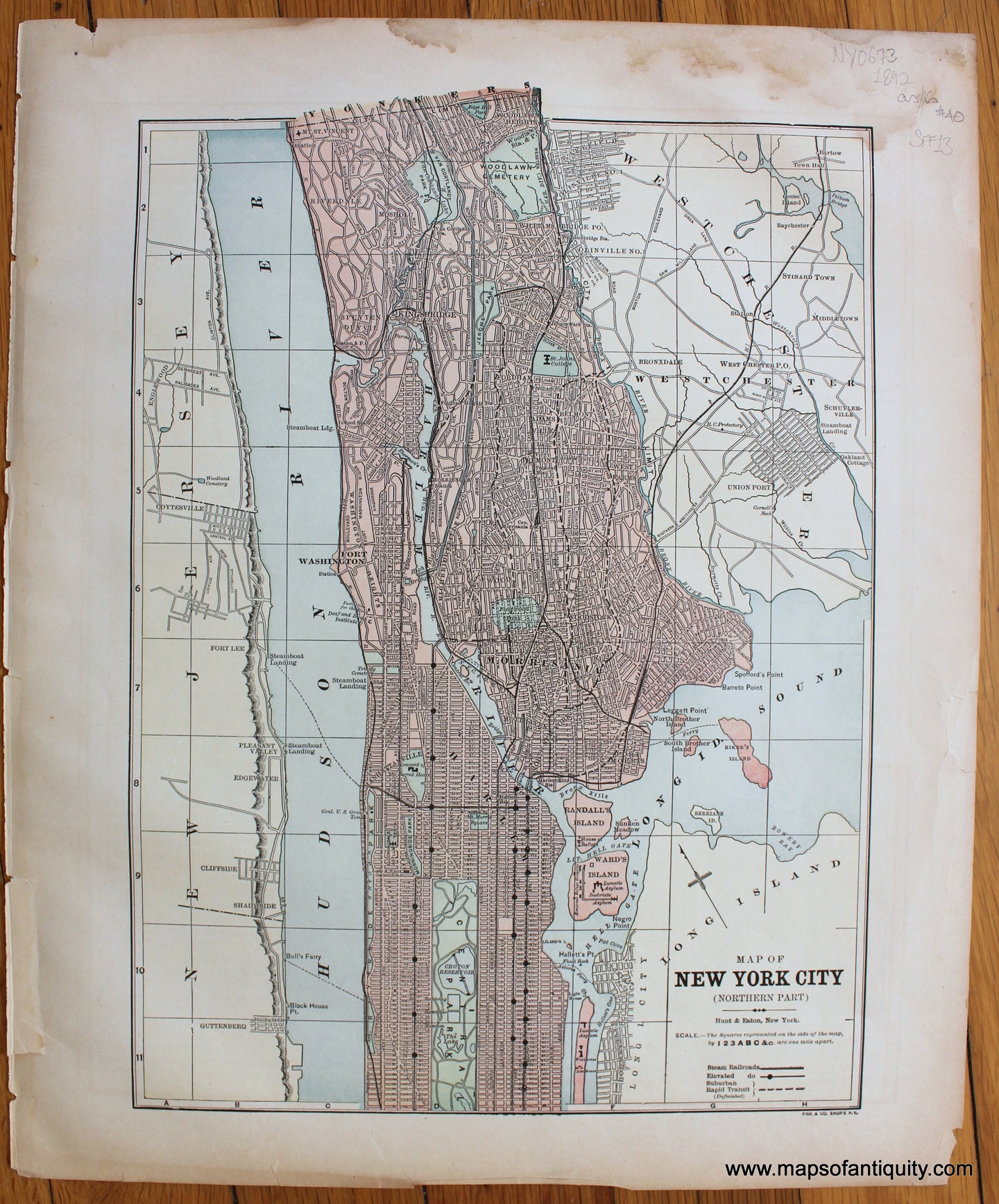 Antique-Map-of-New-York-City-Northern-Part-North-NYC-Hunt-&-and-Eaton-1892-1890s-1800s-Late-19th-Century-Maps-of-Antiquity