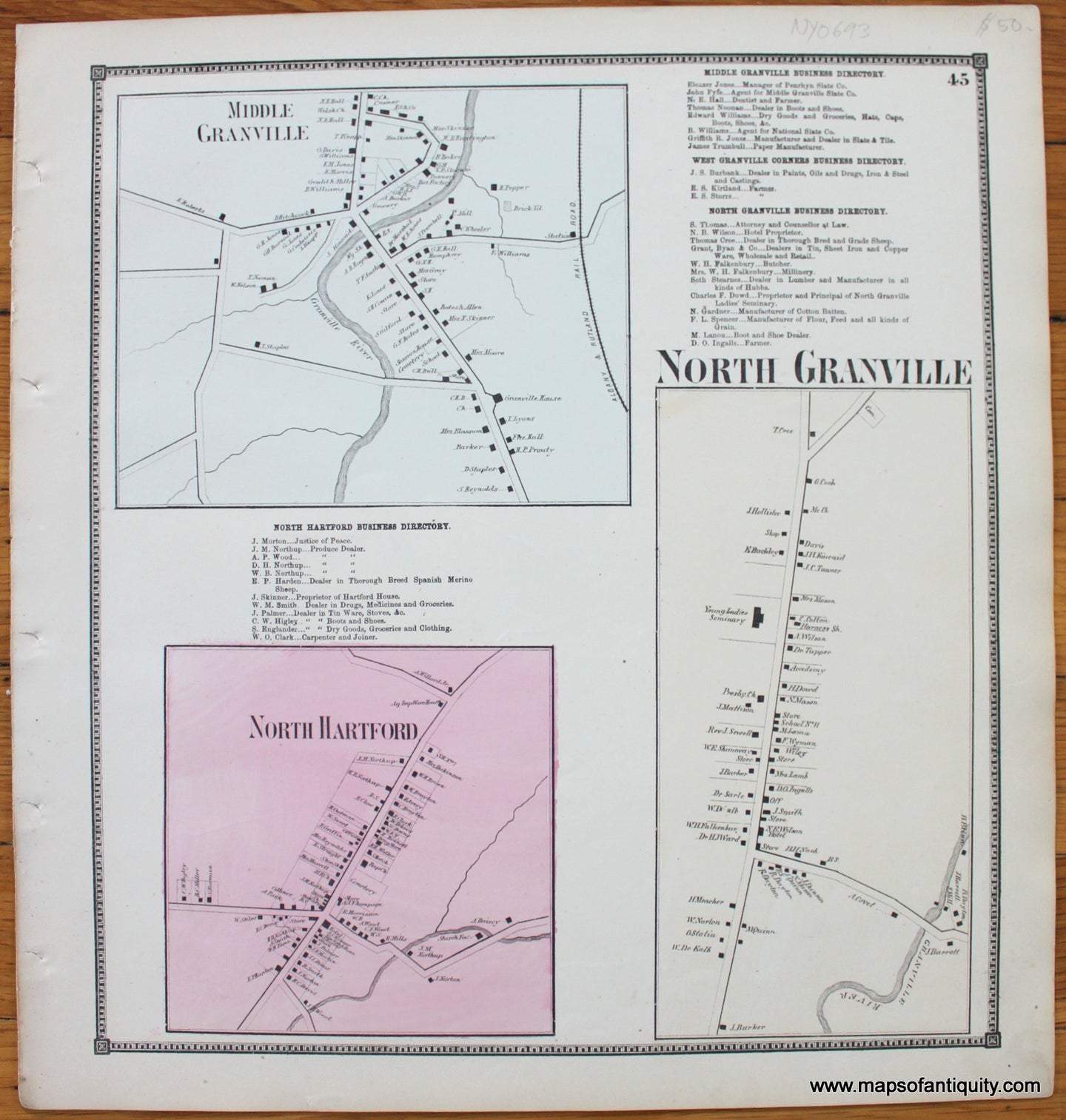 Antique-Map-Town-Towns-Middle-Granville-North-Granville-North-Hartford-New-Topographical-Atlas-of-Washington-County-New-York-by-Stone-and-Stewart-1866-1860s-1800s-Mid-Late-19th-Century-Maps-of-Antiquity-