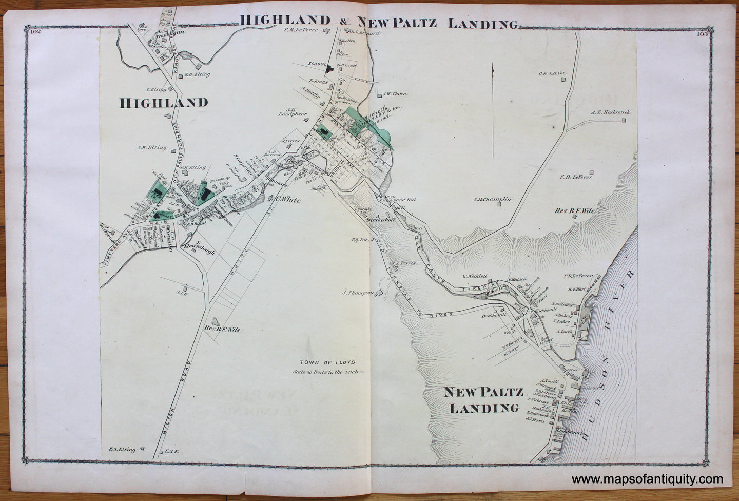 Highland-New-Paltz-Landing-Ellmore-Corners-Ohioville-New-Salem-Rifton-Glen-Dashville-Centreville-Lloyd-P.O.-Put-Corners-Ulster-County-New-York-1875-Beers-1870s-1800s-19th-century-antique-Maps-of-Antiquity