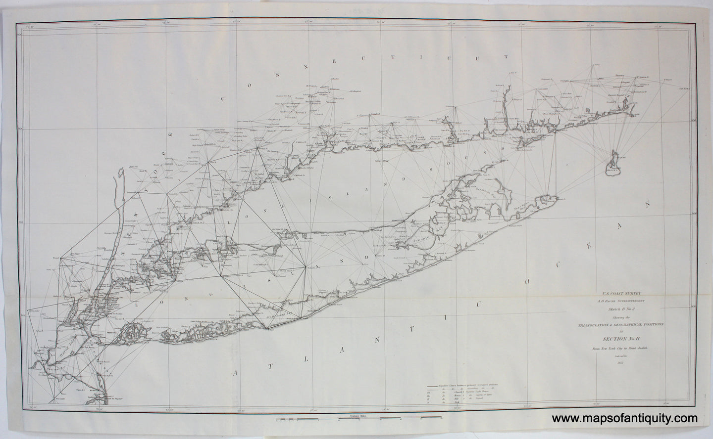 Antique-Map-Coast-Coastal-Report-Chart-United-States-Survey-Sketch-B-No.-2-II-New-York-City-to-Point-Judith-Triangulation-Geographical-Positions-1851-1850s-1800s-Mid-19th-Century-Maps-of-Antiquity