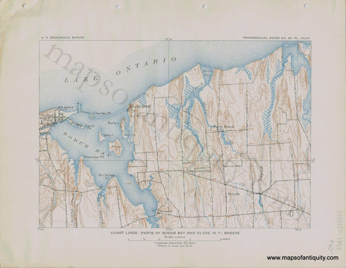 Antique-Printed-Color-Coast-Chart-Coast-Lines:-Parts-of-Sodus-Bay-and-Clyde-(N.Y.)-Sheets-1893-USGS-Northeast-New-York-State-1800s-19th-century-Maps-of-Antiquity