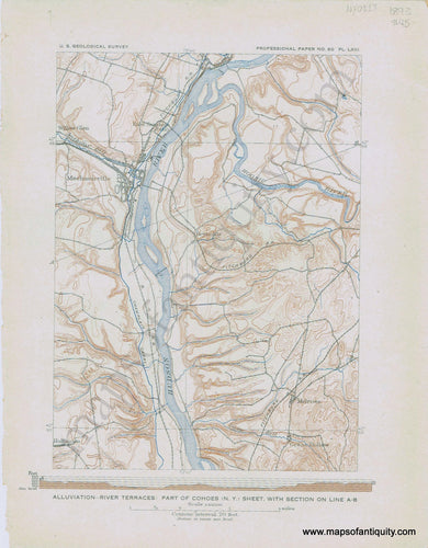 Antique-Printed-Color-Coast-Chart-Alluviation-River-Terraces:-Part-of-Cohoes-(N.Y.)-Sheet-with-Section-on-Line-A-B-1893-USGS-Northeast-New-York-1800s-19th-century-Maps-of-Antiquity