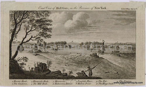 Antique-Black-and-White-Print-East-View-of-Hell-Gate-in-the-Province-of-New-York-1778-London-Magazine-New-York-New-York-City-1700s-18th-century-Maps-of-Antiquity