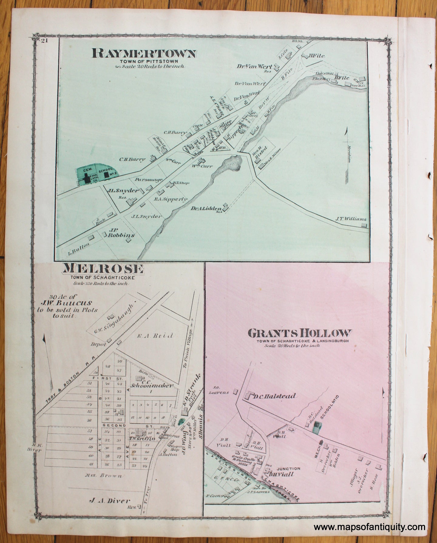 Antique-Hand-Colored-Map-Raymertown-Pittstown;-Melrose-Schaghticoke;-Grants-Hollow-Schaghticoke-and-Lansingburgh;-Verso:-Schaghticoke-Hill-Schaghticoke-and-Boyntonville-Pittstown-NY-1876-Beers-1800s-19th-century-Maps-of-Antiquity