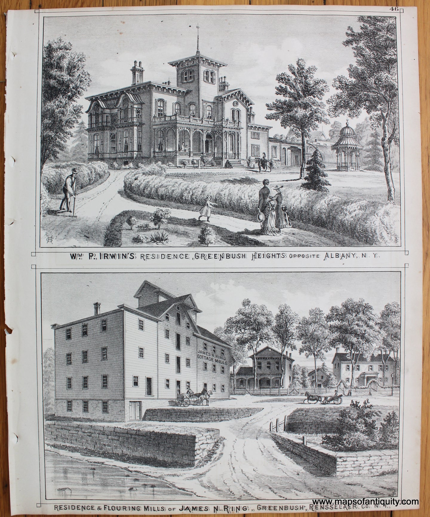 Antique-Hand-Colored-Map-Wm.-P.-Irwin's-Residence-Greenbush-Heights-opposite-Albany-N.Y.-and-Residence-&-Flouring-Mills-of-James-N.-Ring-Greenbush-Rensselaer-Co.-N.Y.-1876-Beers-1800s-19th-century-Maps-of-Antiquity