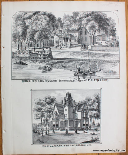 Antique-Hand-Colored-Map--Schodack-NY-Residence-of-P.G.-Ten-Eyck-Residence-of-C.G.-Ham-Bath-on-the-Hudson-NY-1876-Beers-1800s-19th-century-Maps-of-Antiquity