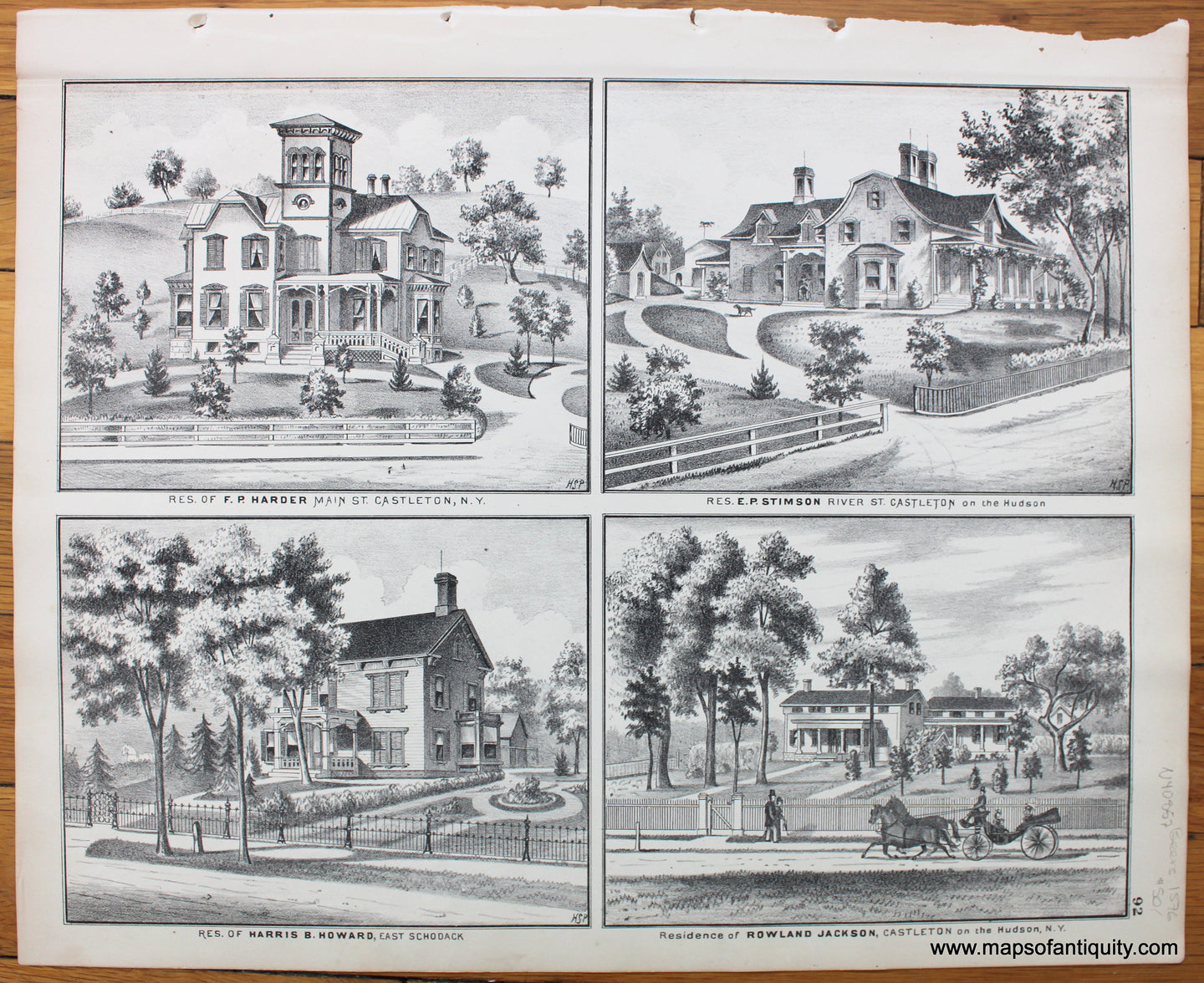 Antique-Hand-Colored-Map-Four-Views-of-Properties-in-Castleton-and-East-Schodack-New-York-1876-Beers-1800s-19th-century-Maps-of-Antiquity