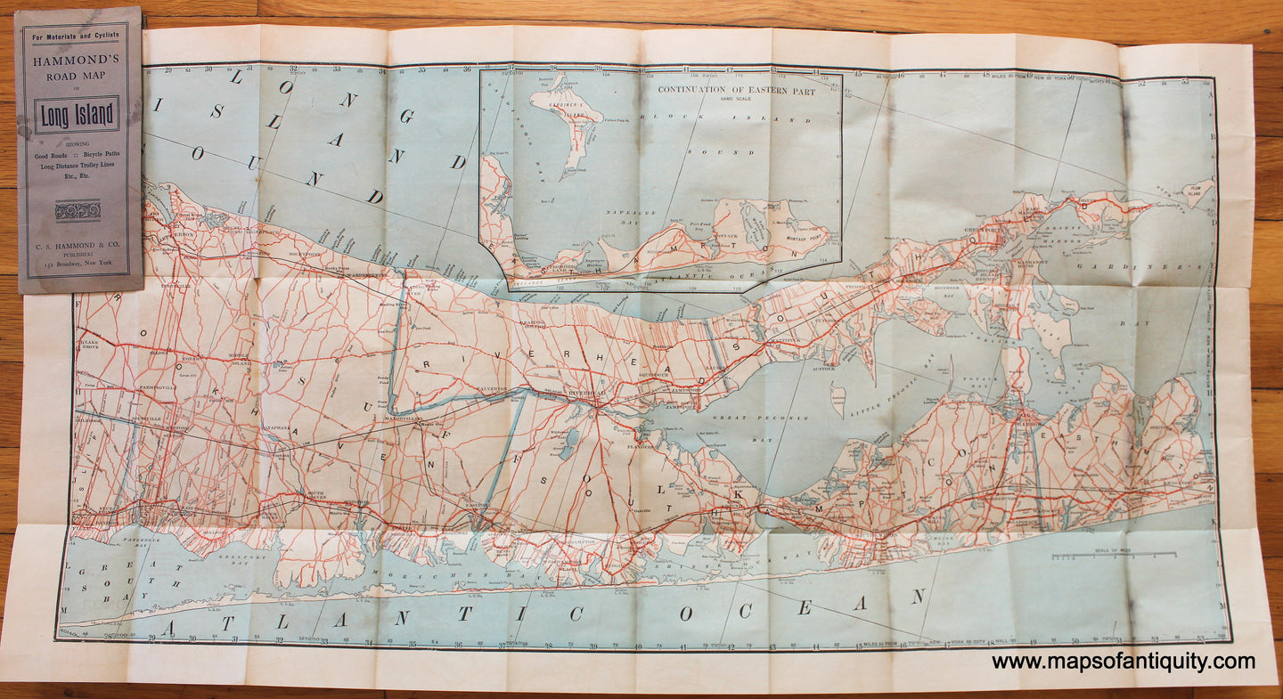 Antique-Printed-Color-Folding-Road-Map-Hammond's-Road-Map-of-Long-Island-1906-Hammond-New-York-Long-Island-1800s-19th-century-Maps-of-Antiquity