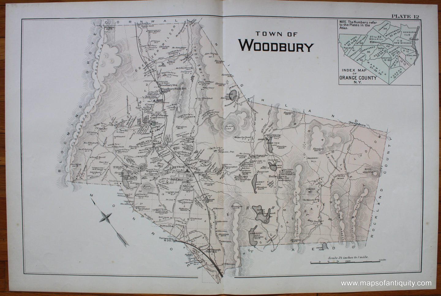 Antique-Printed-Color-Map-Town-of-Woodbury-NY-1903-Lathrop-A.-H.-Mueller-&-Co-New-York-1800s-19th-century-Maps-of-Antiquity