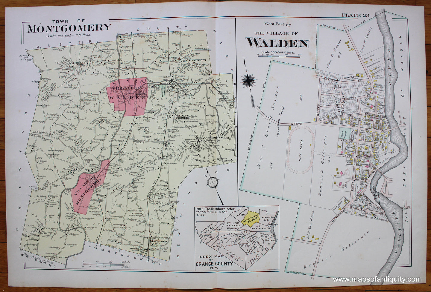 Antique-Printed-Color-Map-Town-of-Montgomery-West-Part-of-the-Village-of-Walden-NY-1903-Lathrop-/-A.-H.-Mueller-&-Co-New-York-1800s-19th-century-Maps-of-Antiquity
