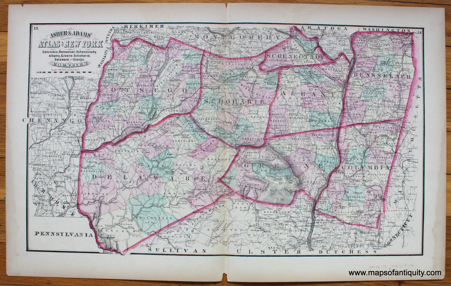 Antique-Hand-Colored-Map-Columbia-Rensalaer-Schenectady-Albany-Greene-Schoharie-Delaware-and-Otsego-Counties-NY-1872-Asher-&-Adams-New-York-1800s-19th-century-Maps-of-Antiquity