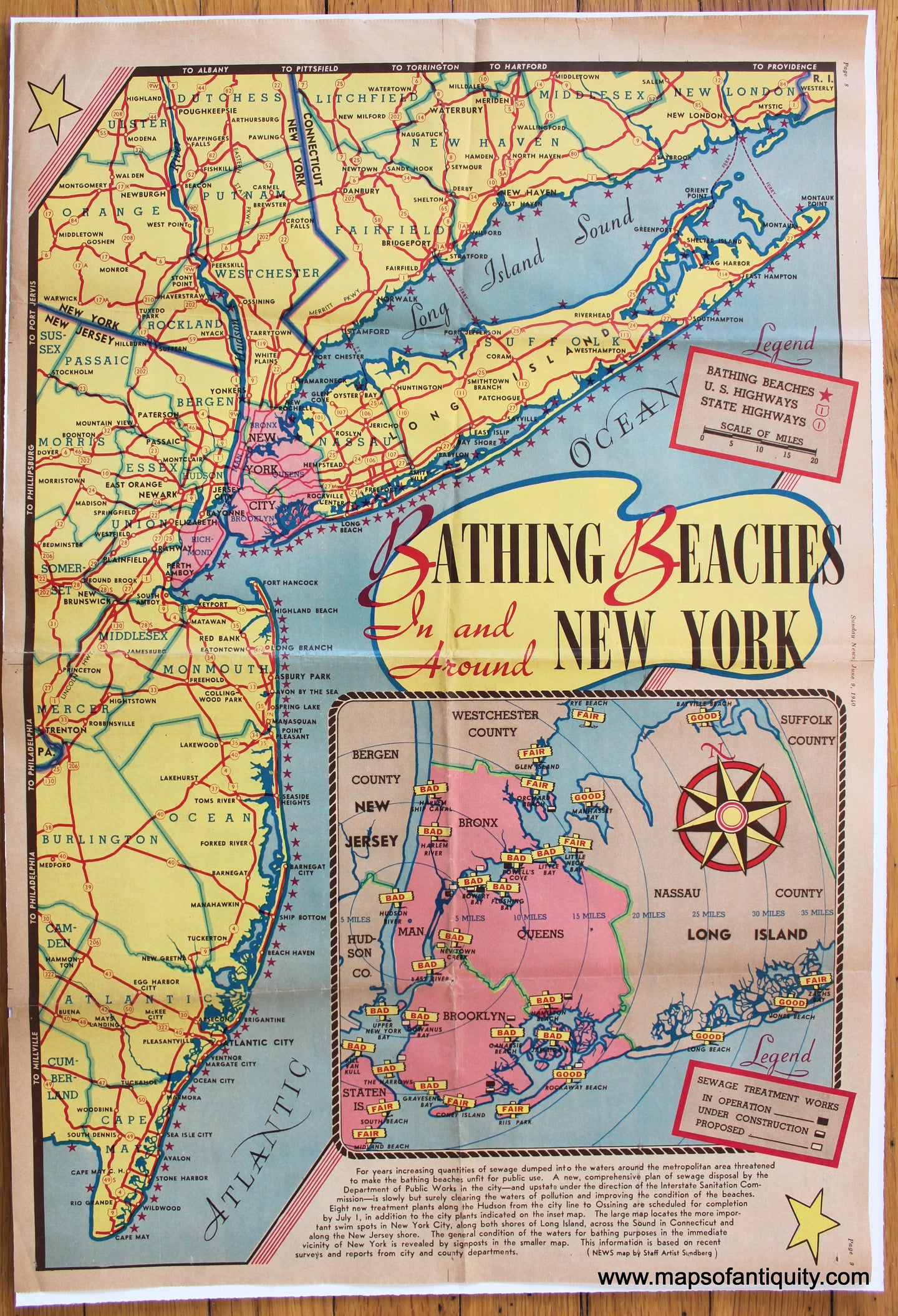 Antique-Pictorial-Map-Bathing-Beaches-In-and-Around-New-York-1940-Sunday-News---1900s-20th-century-Maps-of-Antiquity