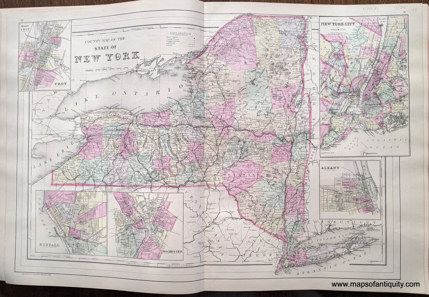 Antique-Hand-Colored-Map-County-Map-of-the-State-of-New-York-United-States-New-York-1884-Mitchell-Maps-Of-Antiquity-1800s-19th-century