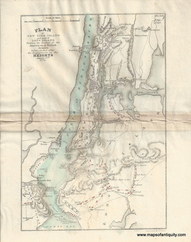 Antique-Hand-Colored-Map-Plan-of-New-York-Island-and-part-of-Long-Island-Shewing-the-Position-of-the-American-and-British-Armies-before-at-and-after-the-Engagement-on-the-Heights-August-27th-1776--United-States-New-York-1832-Marshall-Maps-Of-Antiquity-1800s-19th-century