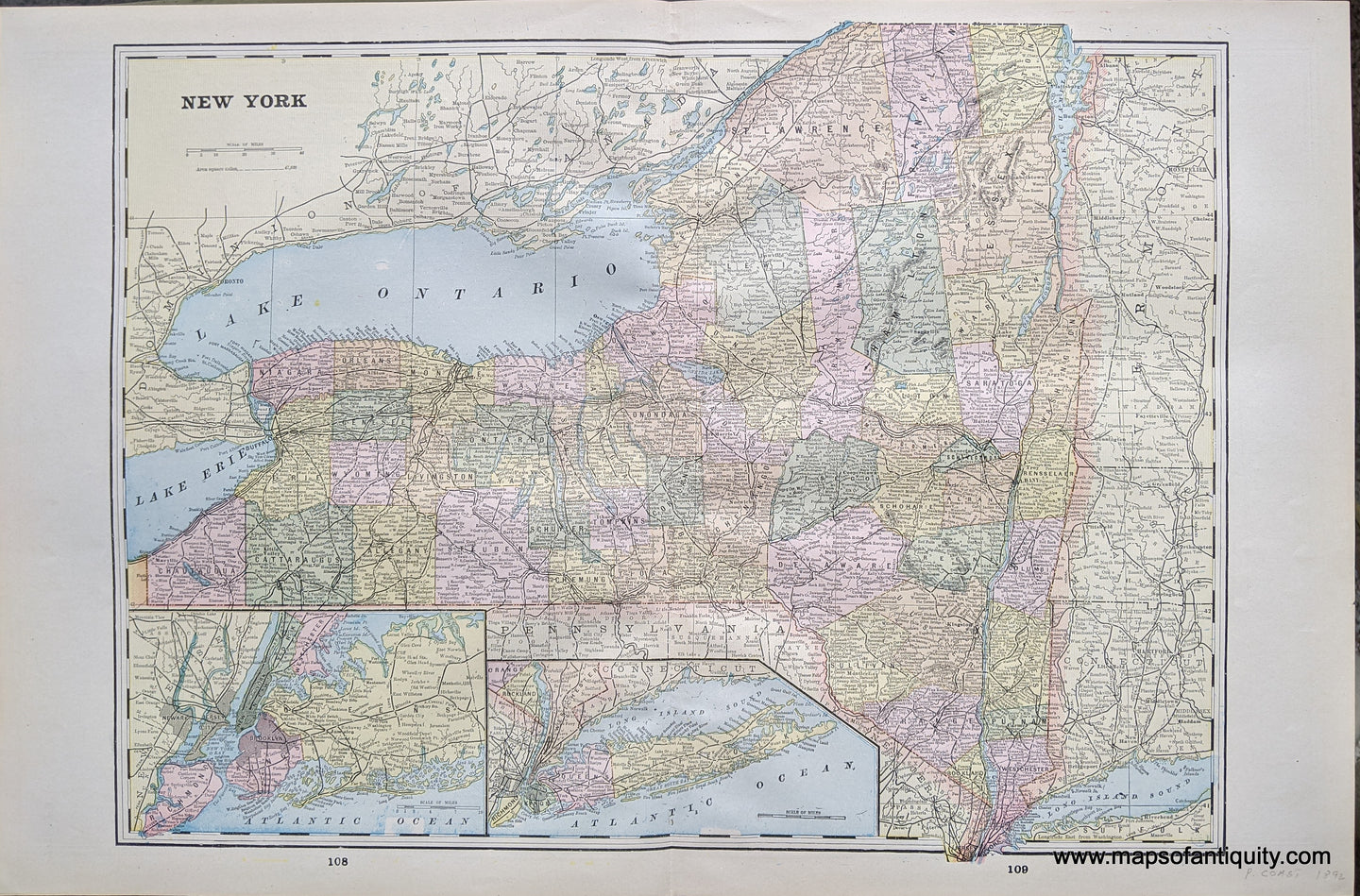 Genuine-Antique-Printed-Color-Comparative-Chart-New-York;-verso:-New-Hampshire-and-Vermont-&-Massachusetts-and-Rhode-Island-United-States--1892-Home-Library-&-Supply-Association-Maps-Of-Antiquity-1800s-19th-century