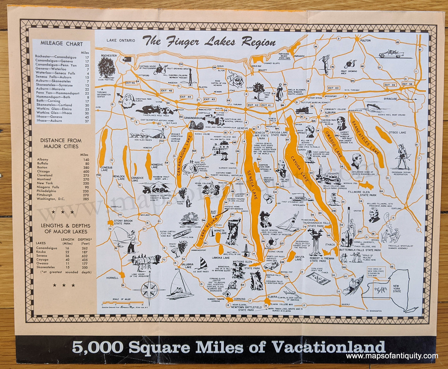 Genuine Antique Tourist Map-The Finger Lakes Region-1962-Finger Lakes Association-Maps-Of-Antiquity-1900s-20th-century