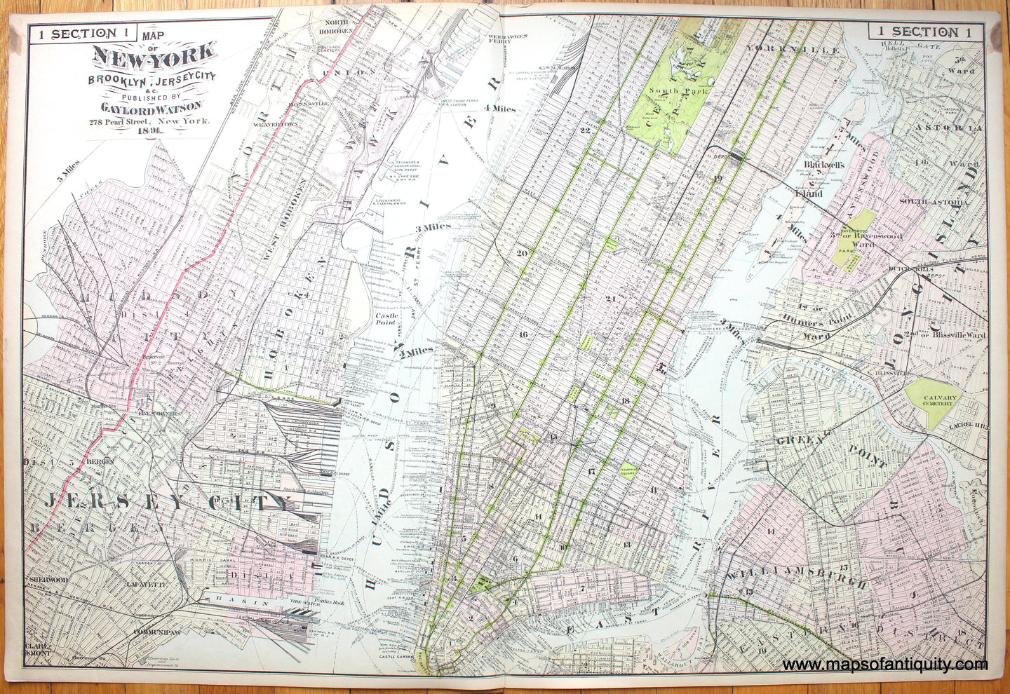 Genuine-Antique-Hand-Colored-Map-Section-1---Map-of-New-York-Brooklyn-Jersey-City-&c.-Published-by-Gaylord-Watson-1891-Beers-/-Watson-Maps-Of-Antiquity-1800s-19th-century