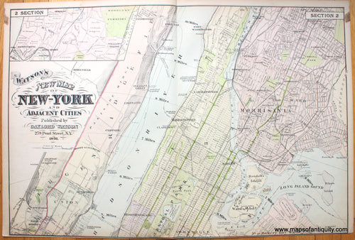 Genuine-Antique-Hand-Colored-Map-Section-2---Watson's-New-Map-of-New-York-and-Adjacent-Cities.-Published-by-Gaylord-Watson.-1891-Beers-/-Watson-Maps-Of-Antiquity-1800s-19th-century