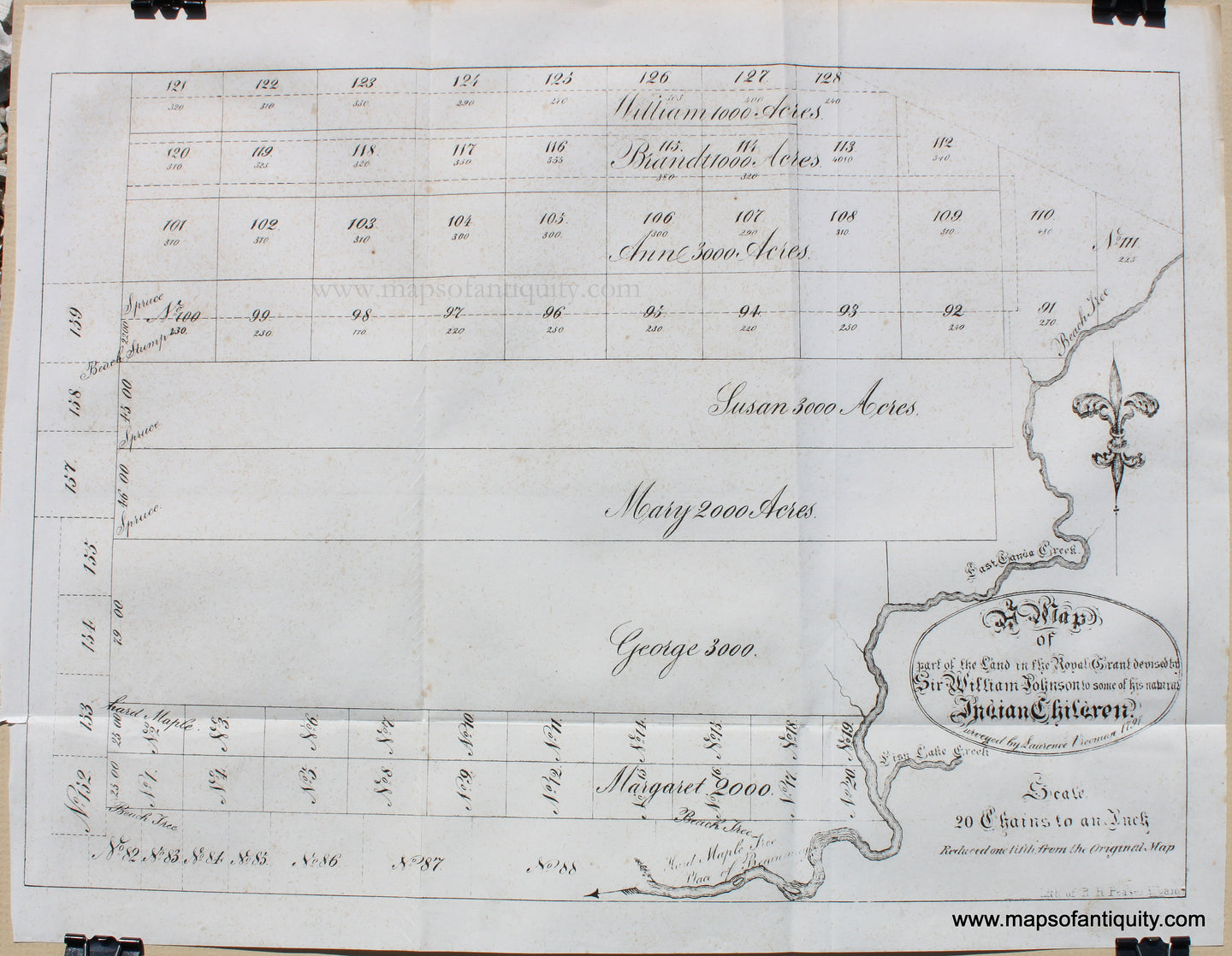 Genuine Antique Print-A Map of part of the Land in the Royal Grant devised by Sir William Johnson to some of his natural Indian Children. Surveyed by Laurence Vrooman, 1797-1850-Pease-Maps-Of-Antiquity