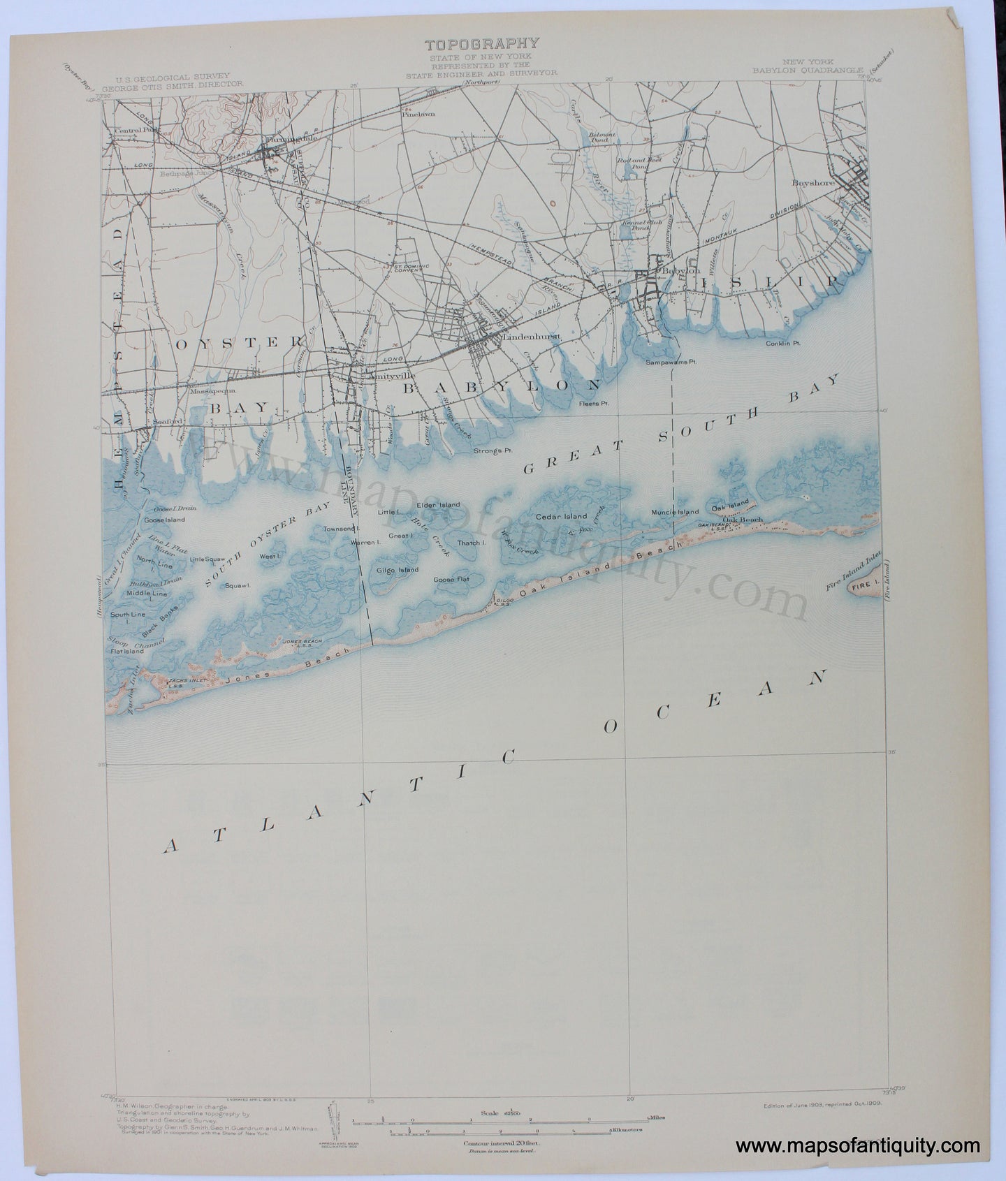 Genuine-Antique-Topographic-Map-New-York-Babylon-Quadrangle-Long-Island-1903-/-1909-USGS-Maps-Of-Antiquity
