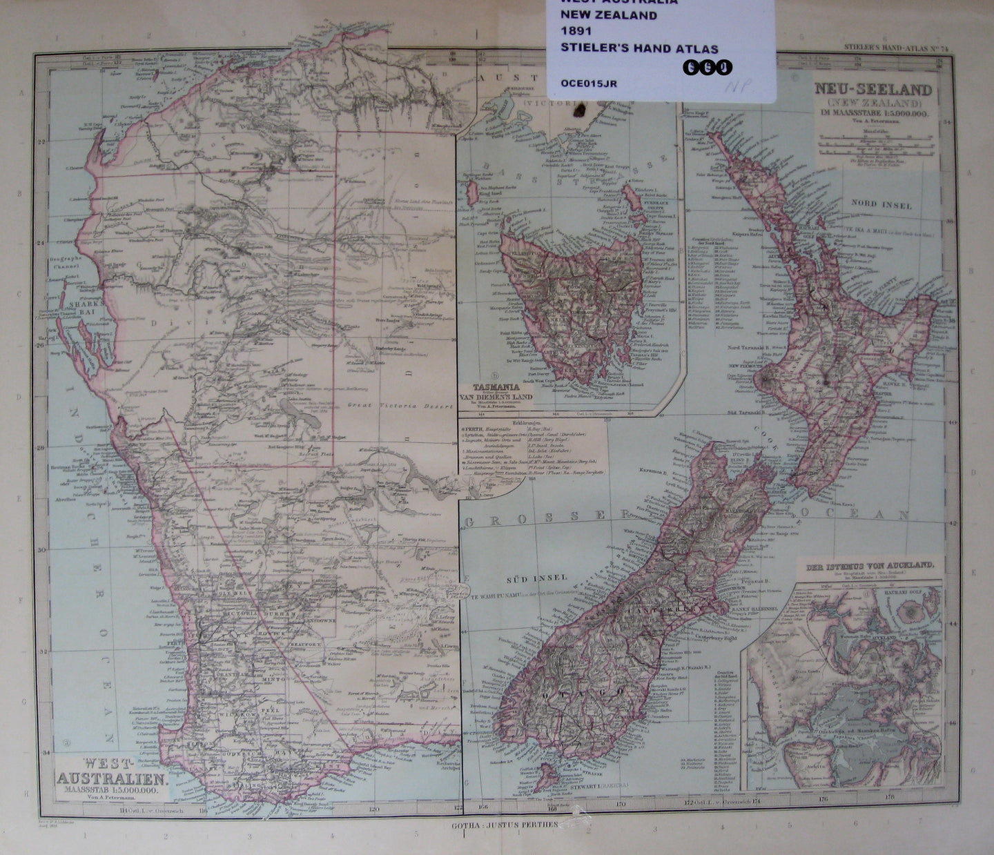 Hand-colored-West-Australien.-Neu-Seeland-(New-Zealand).-**********-Oceania-Australia-and-New-Zealand-1891-Stieler's-Hand-Atlas---Gotha:-Justus-Perthus-ca.-1891-Maps-Of-Antiquity