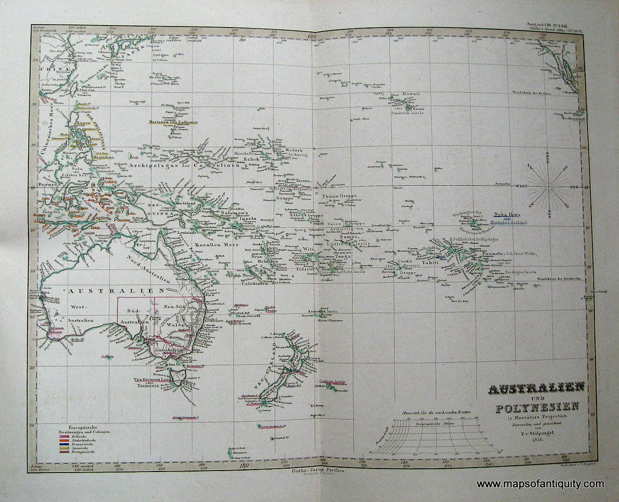 Antique-Hand-Colored-Map-Australien-und-Polynesien-in-Mercators-Projection.-Oceania--circa-1850-Stieler-Maps-Of-Antiquity