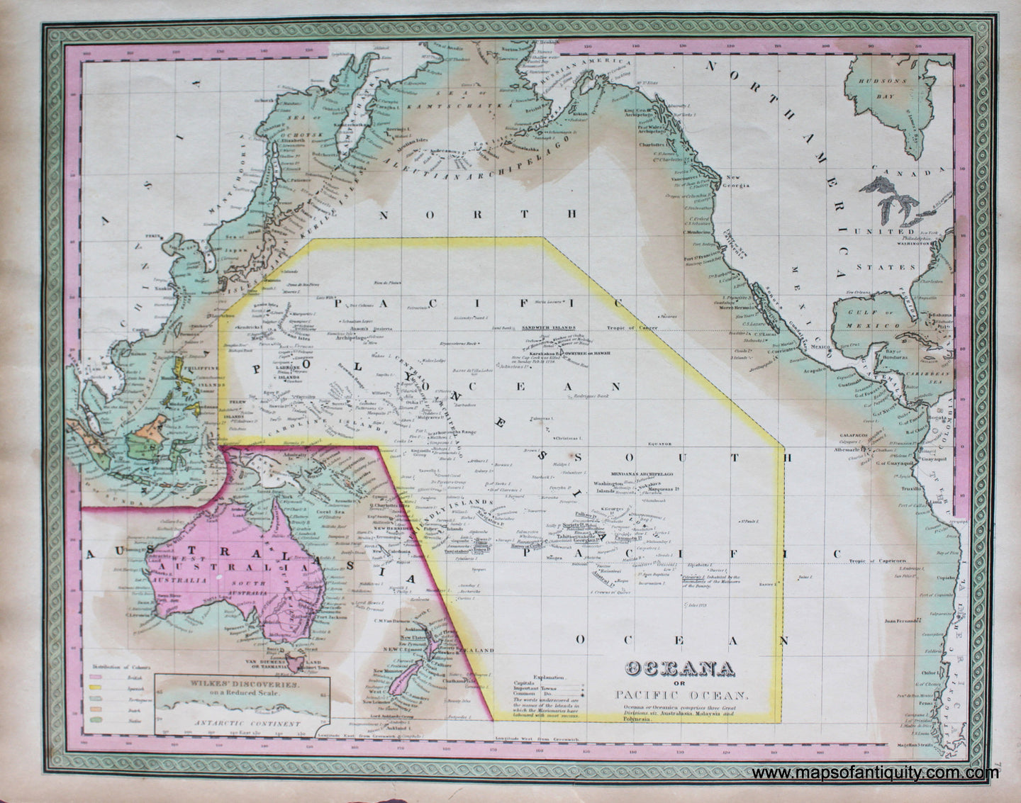 Antique-Hand-Colored-Map-Oceana-or-Pacific-Ocean-Oceania---1848-Mitchell/Cowperthwait-Desilver-&-Butler-Maps-Of-Antiquity
