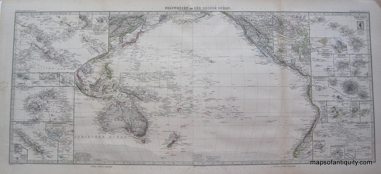 Antique-Hand-Colored-Engraved-Map-Polynesien-und-der-Grosse-Ocean.-Westliches-Blatt-Ostliches-Blatt.-******-Oceania-and-Pacific--1891-Stieler-Maps-Of-Antiquity