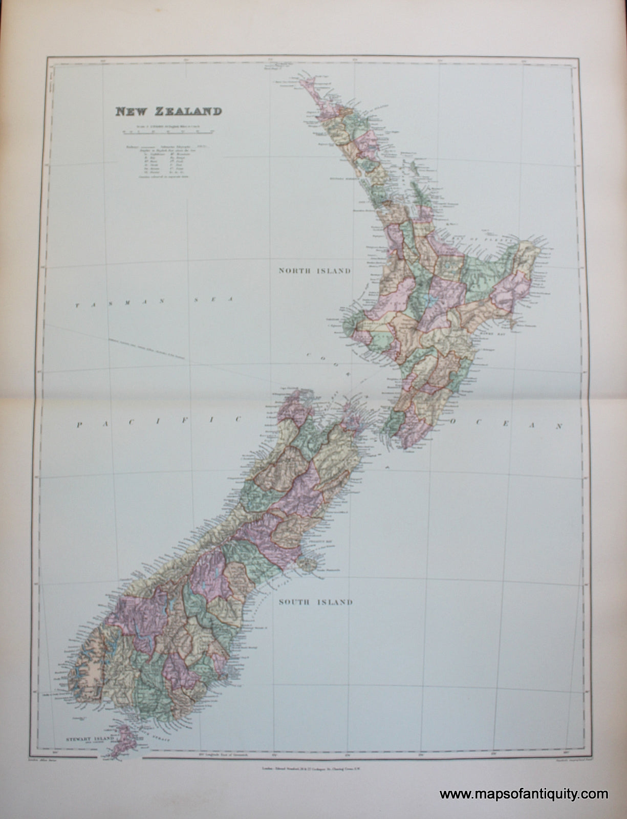 Antique-Hand-Colored-Map-New-Zealand-**********-Oceania--1894-Stanford-Maps-Of-Antiquity